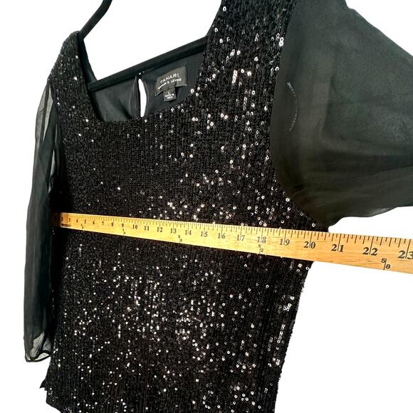 Tahari L Sequin Blouse Sheer Long Sleeves Square Neck Top Pullover Fancy Black - Picture 6 of 7
